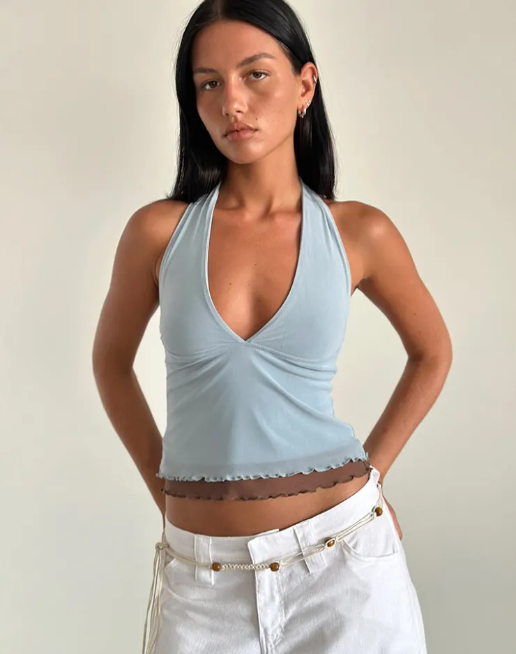 Women Motel Rocks Basic Tops | Halterneck Tops | Kubra Halter Top in Mesh Light Blue and Brown