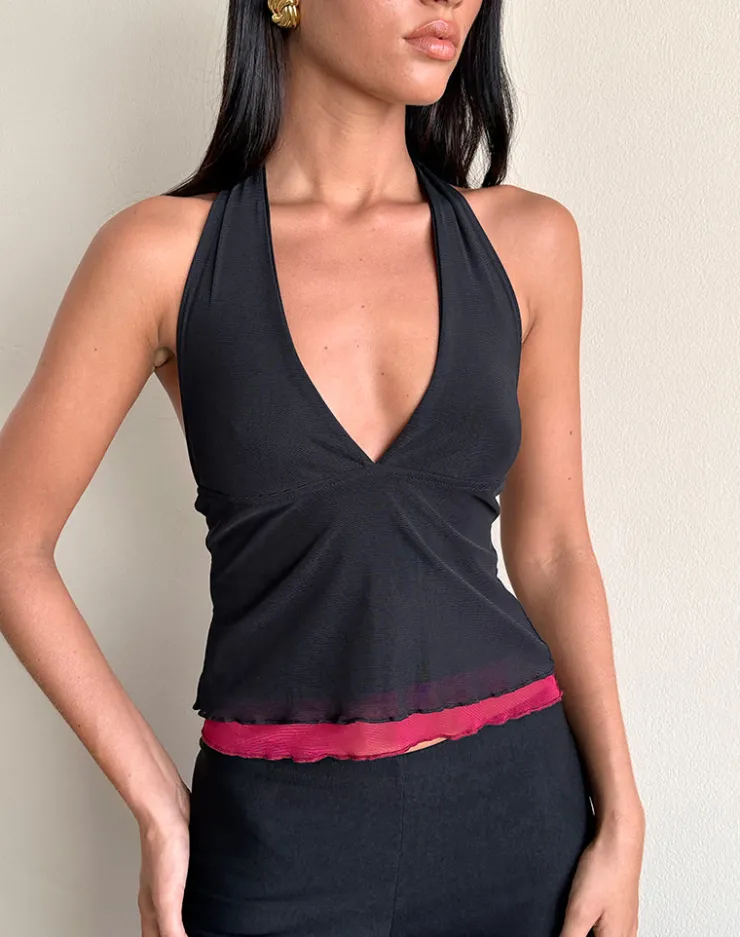 Women Motel Rocks Halterneck Tops | Going Out Tops | Kubra Halterneck Top in Mesh Black and Red