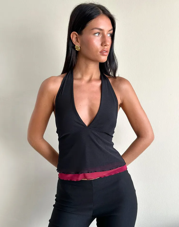 Women Motel Rocks Halterneck Tops | Going Out Tops | Kubra Halterneck Top in Mesh Black and Red