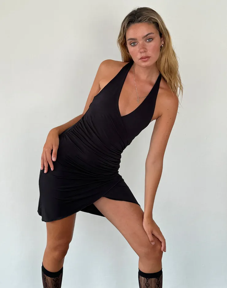 Women Motel Rocks Bodycon Dresses | Little Black Dresses | Kyrie Halterneck Wrap Dress in Slinky Black