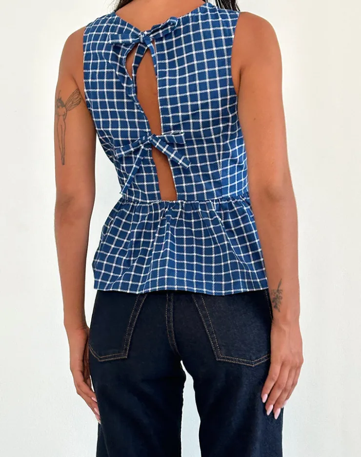 Women Motel Rocks Vest Tops | Printed Tops | Lanzo Tie Back Top in Poplin Navy Tartan