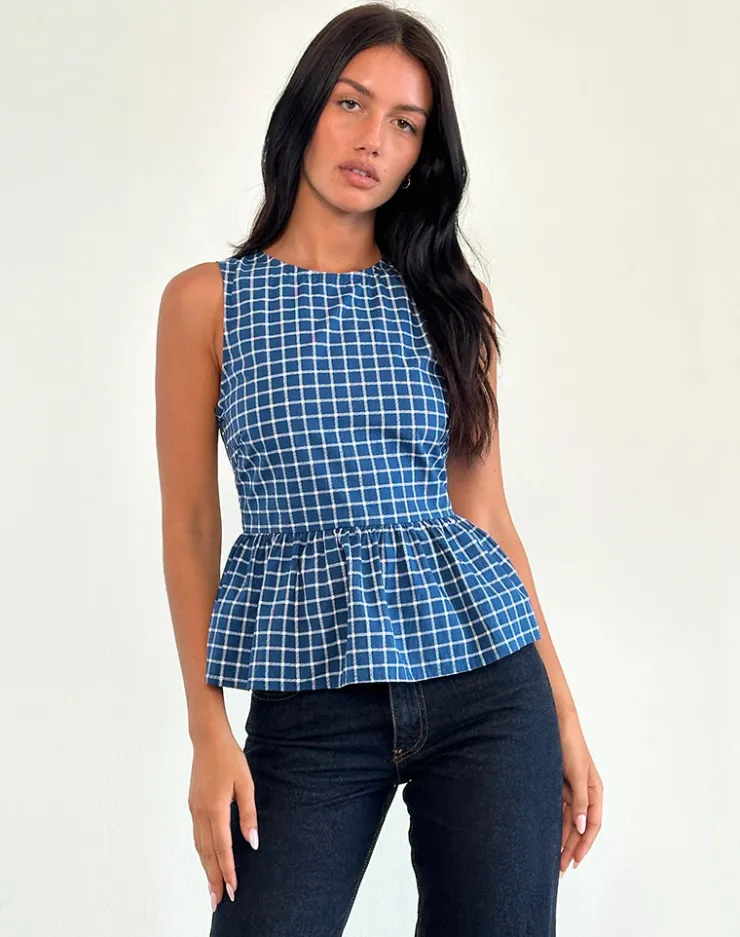 Women Motel Rocks Vest Tops | Printed Tops | Lanzo Tie Back Top in Poplin Navy Tartan