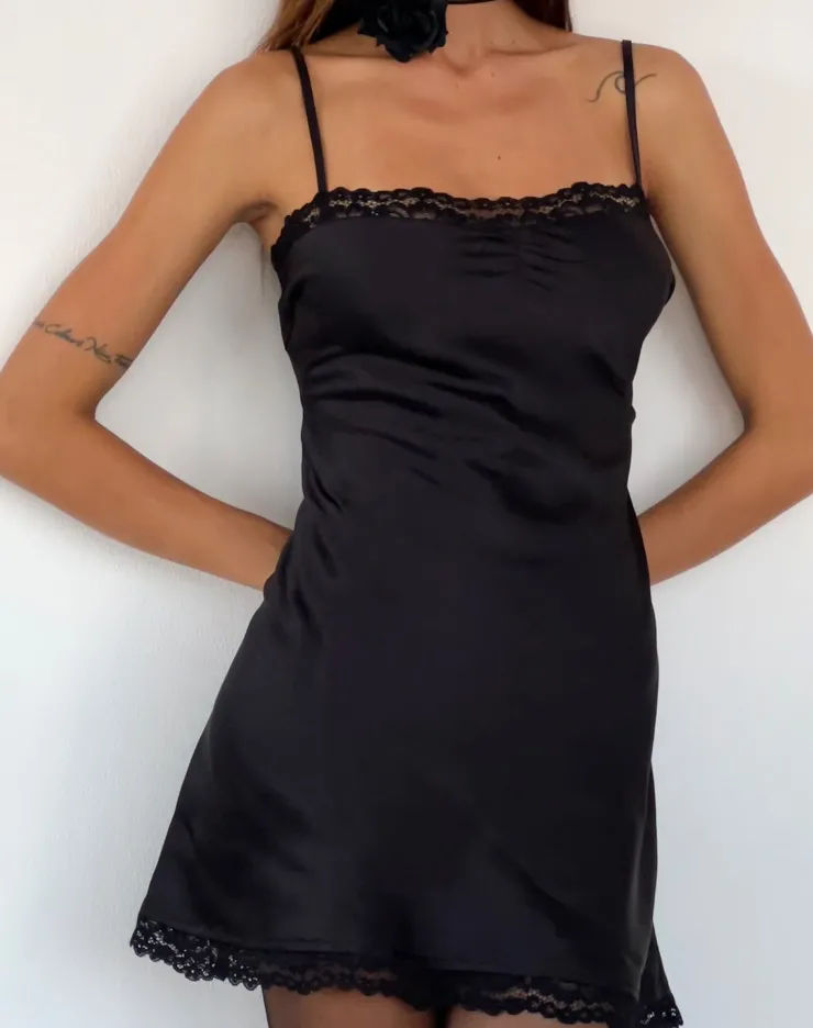 Women Motel Rocks Little Black Dresses | Mini Dresses | Larna Lace Trim Satin Mini Dress in