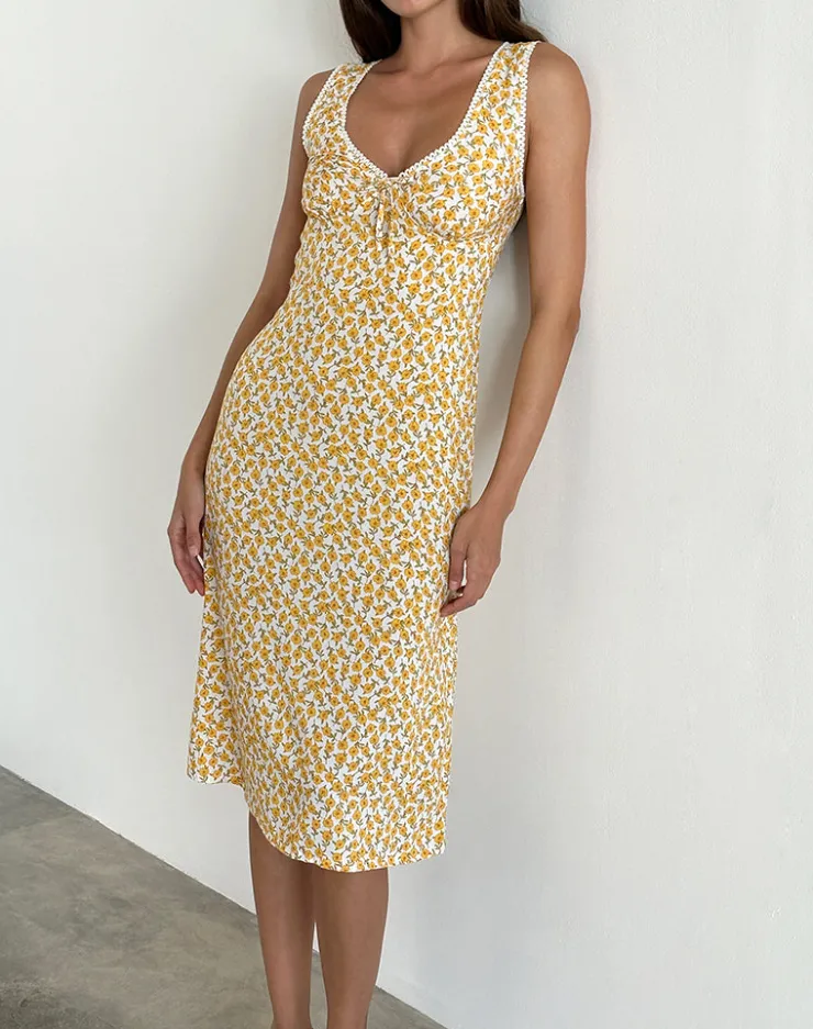 Women Motel Rocks Printed Dresses | Day Dresses | Lavisha Midi Dress in Yellow Cosmos Garden