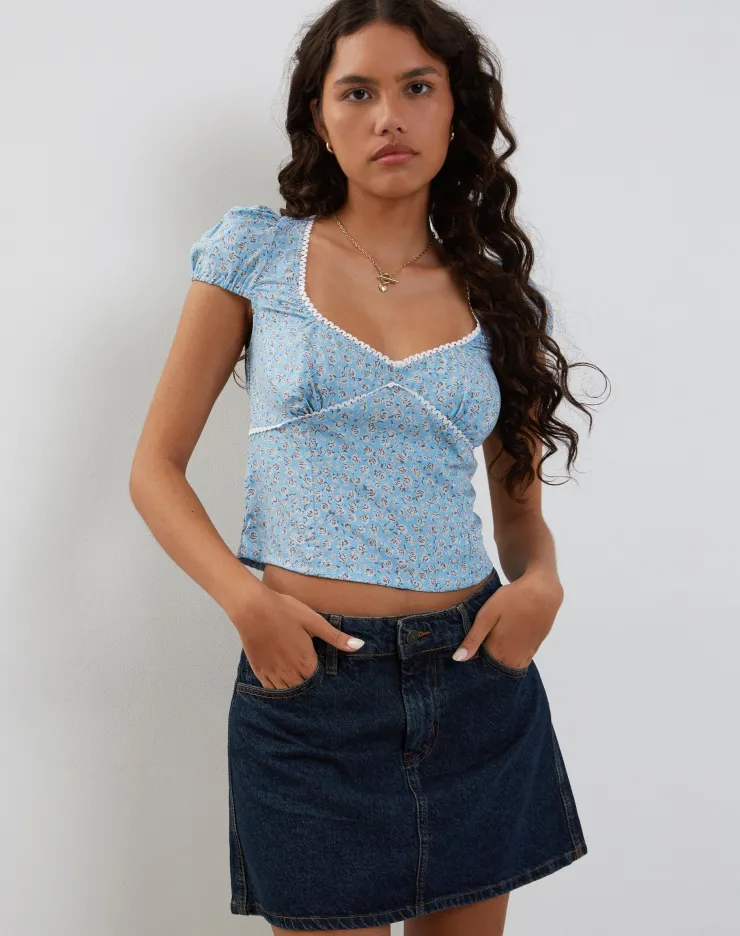 Women Motel Rocks Printed Tops | Laz Top in Ditsy Rose Blue