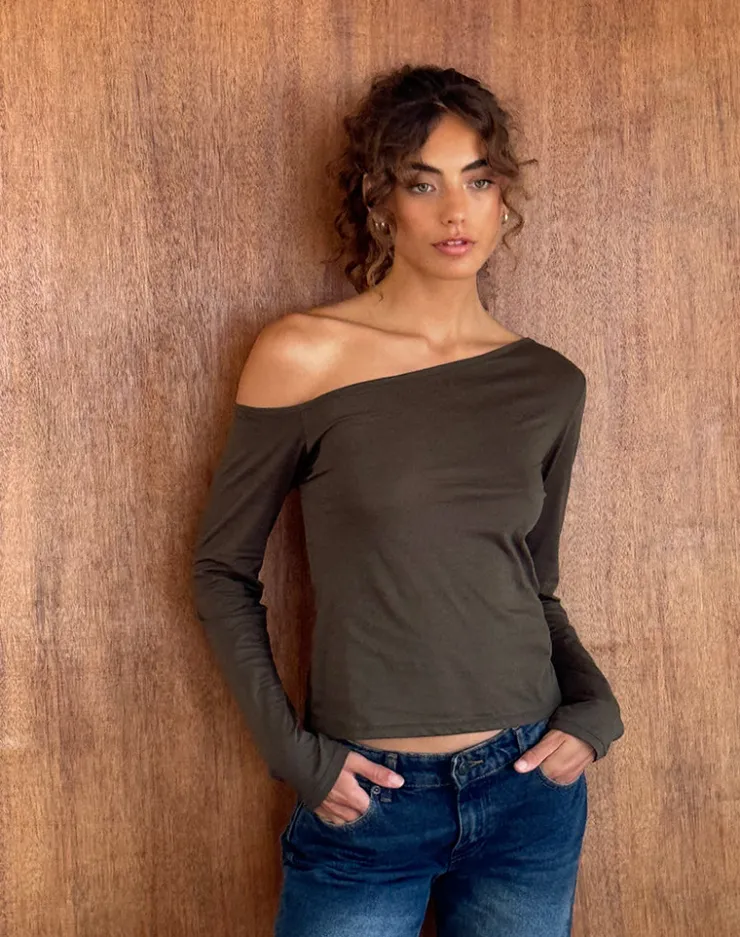 Women Motel Rocks Basics | Basic Tops | Ledez Asymmetrical Slouchy Top in Olive Tissue Jersey