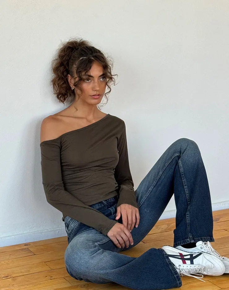 Women Motel Rocks Basics | Basic Tops | Ledez Asymmetrical Slouchy Top in Olive Tissue Jersey