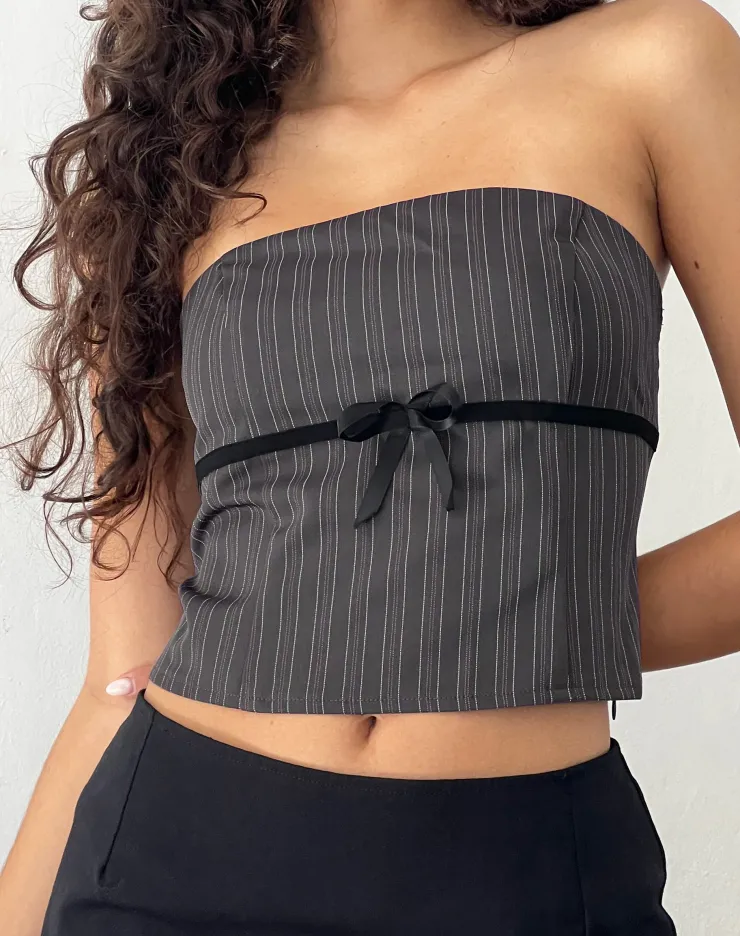 Women Motel Rocks Printed Tops | Bandeau Tops | Leggy Tube Top in Grey Pinstripe