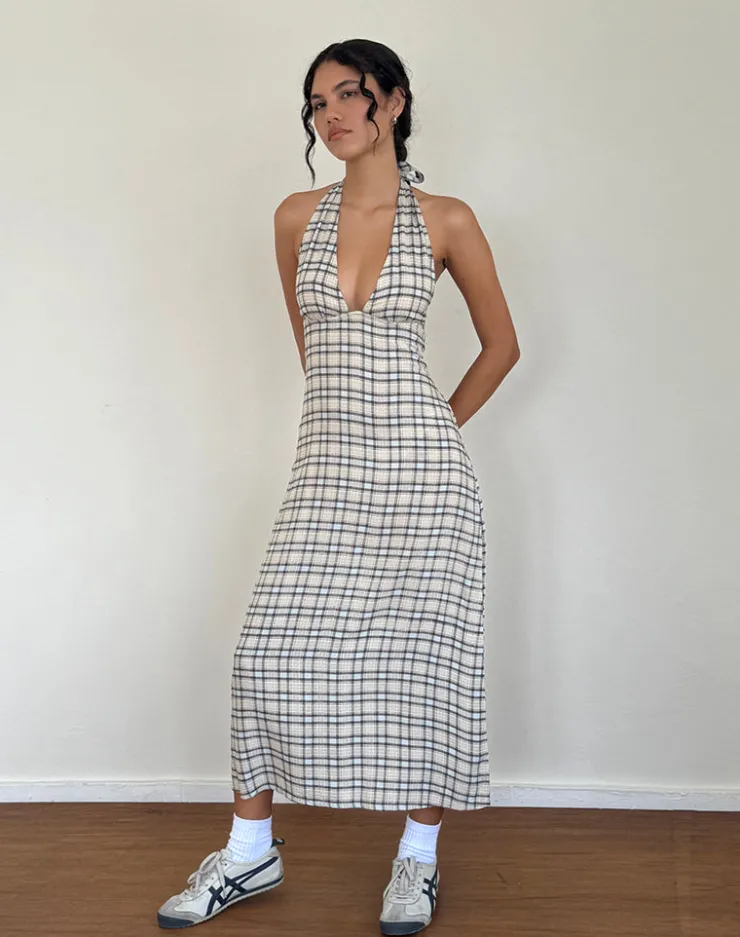 Women Motel Rocks Printed Dresses | Day Dresses | Lenata Halterneck Midi Dress in Pastel Blue Tartan