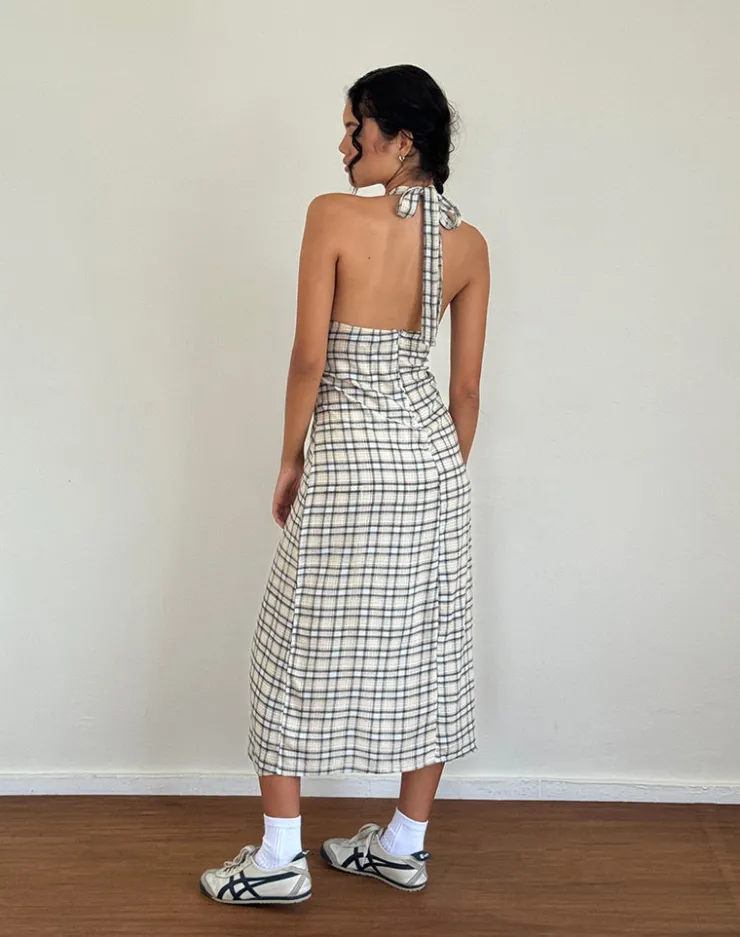 Women Motel Rocks Printed Dresses | Day Dresses | Lenata Halterneck Midi Dress in Pastel Blue Tartan