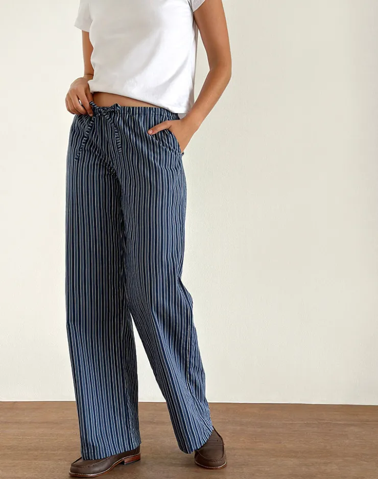 Women Motel Rocks Wide Leg Pants | Low Rise Pants | Lirura Wide Leg Trousers in Indigo Stripe Dark Blue