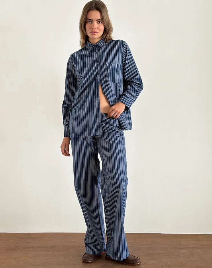 Women Motel Rocks Wide Leg Pants | Low Rise Pants | Lirura Wide Leg Trousers in Indigo Stripe Dark Blue