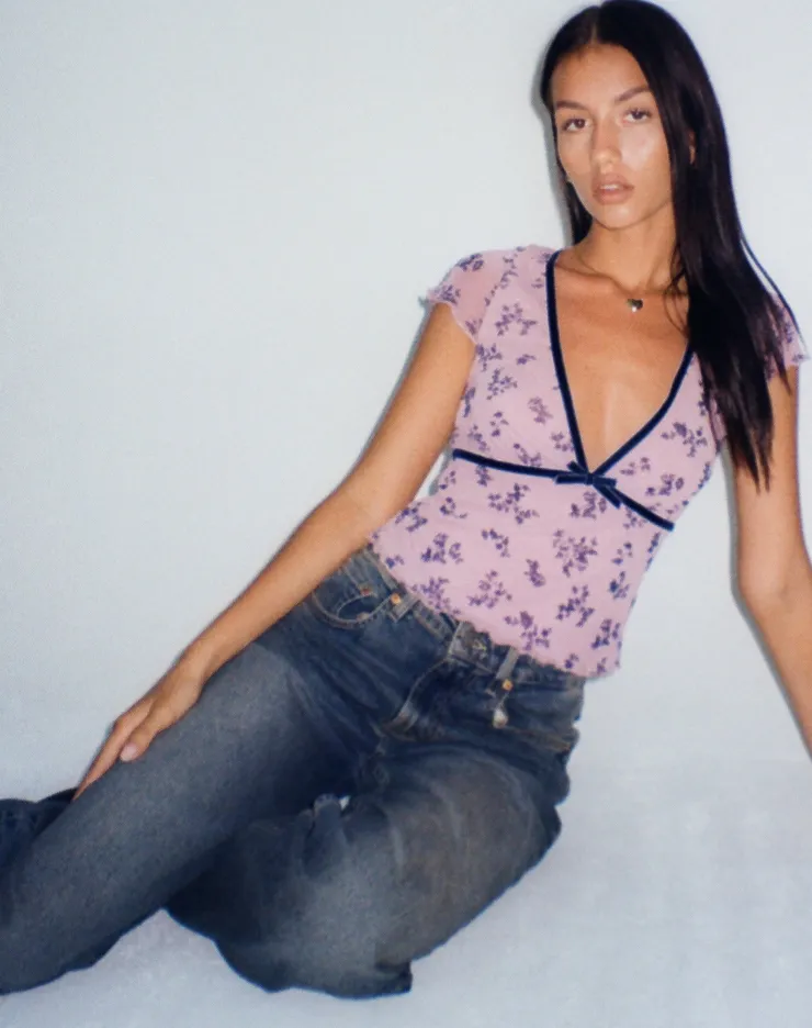 Women Motel Rocks Printed Tops | Livi Mesh Top in Pink and Navy Botanist Flocking