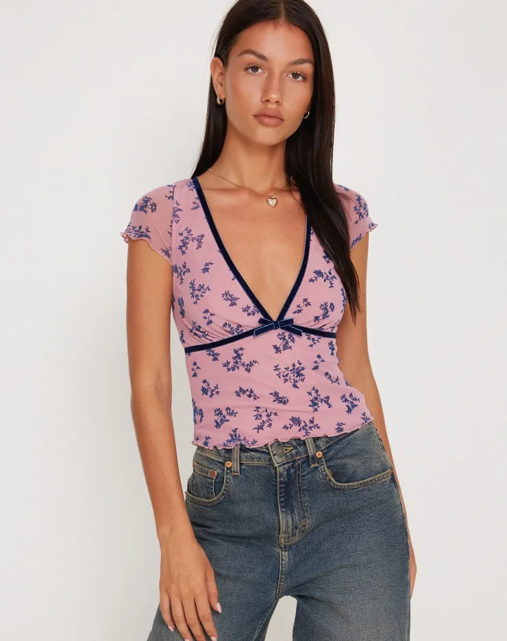 Women Motel Rocks Printed Tops | Livi Mesh Top in Pink and Navy Botanist Flocking