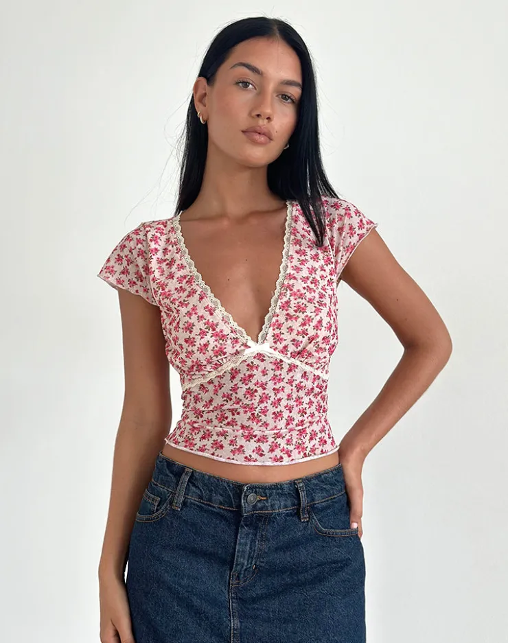 Women Motel Rocks Printed Tops | Livi Top in Gardenia Romantic with Lace Trim