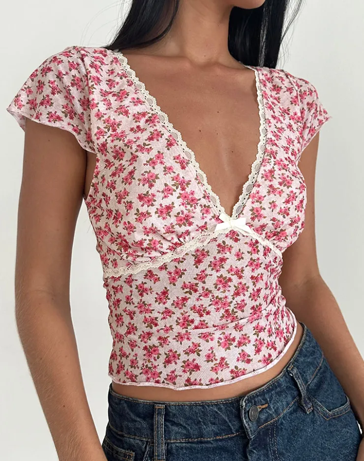 Women Motel Rocks Printed Tops | Livi Top in Gardenia Romantic with Lace Trim