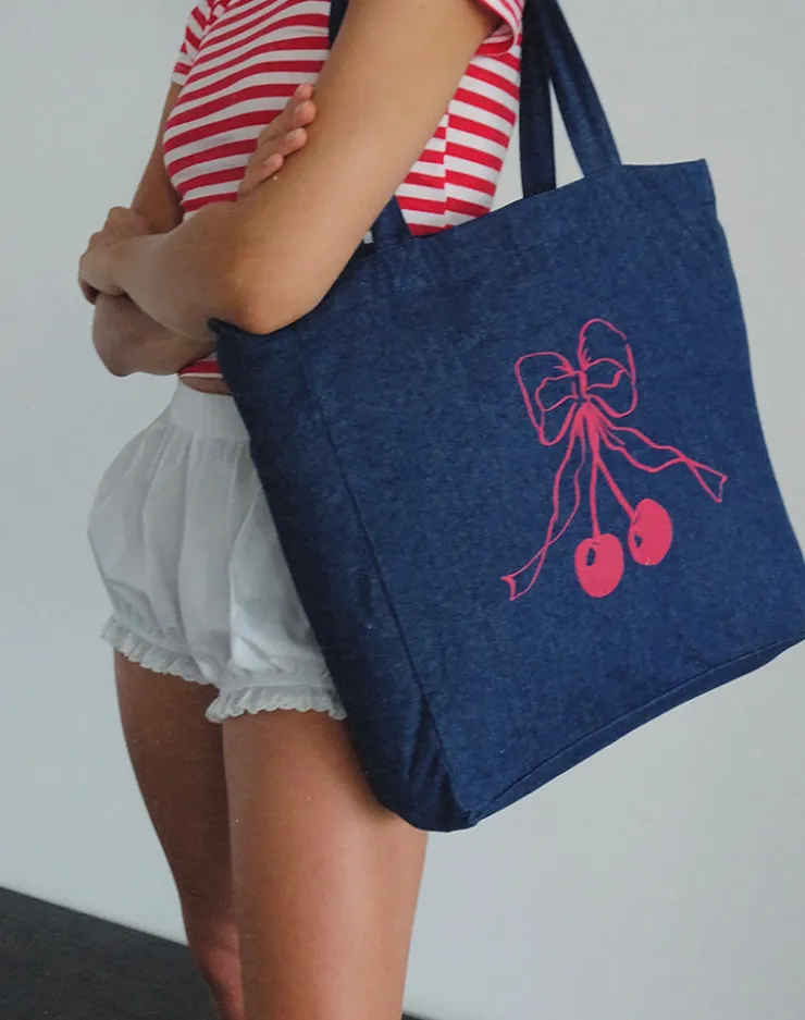 Women Motel Rocks Accessories | London Tote Bag in Denim Indigo with Cherry Bow Print