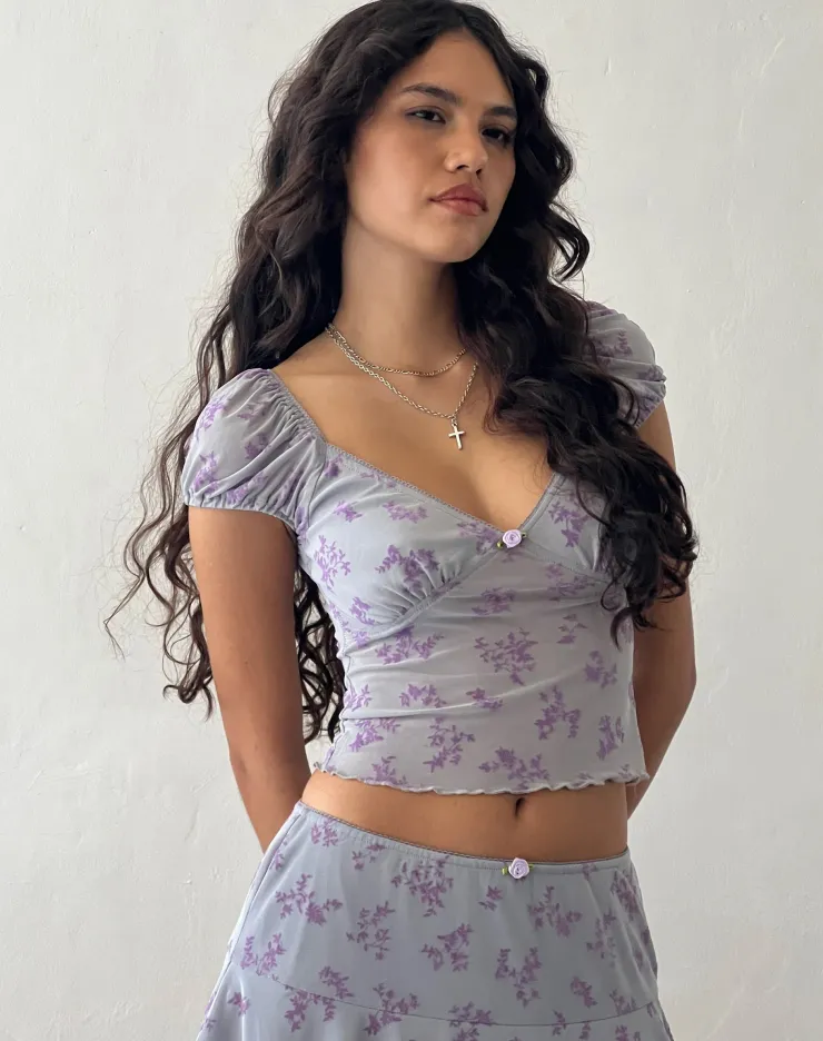 Women Motel Rocks Printed Tops | Lorenne Sweetheart Mesh Top in Purple Botanist Flock