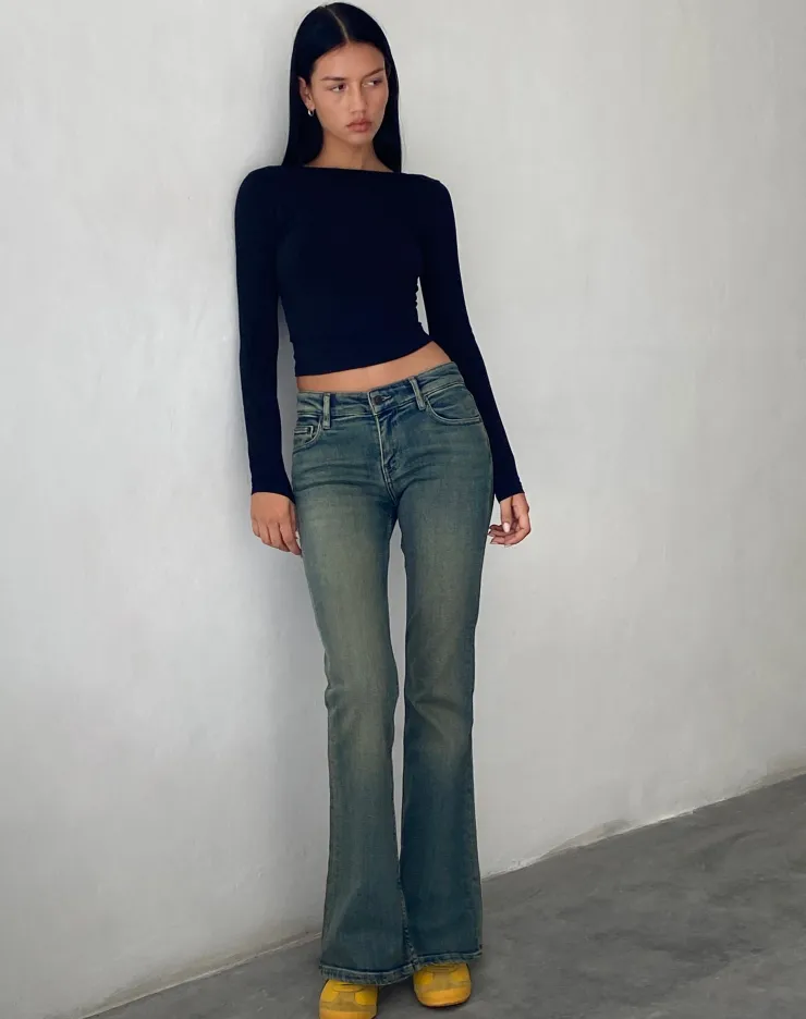 Women Motel Rocks Low Rise Pants | Jeans | Low Rise Flared Jeans in Green Wash