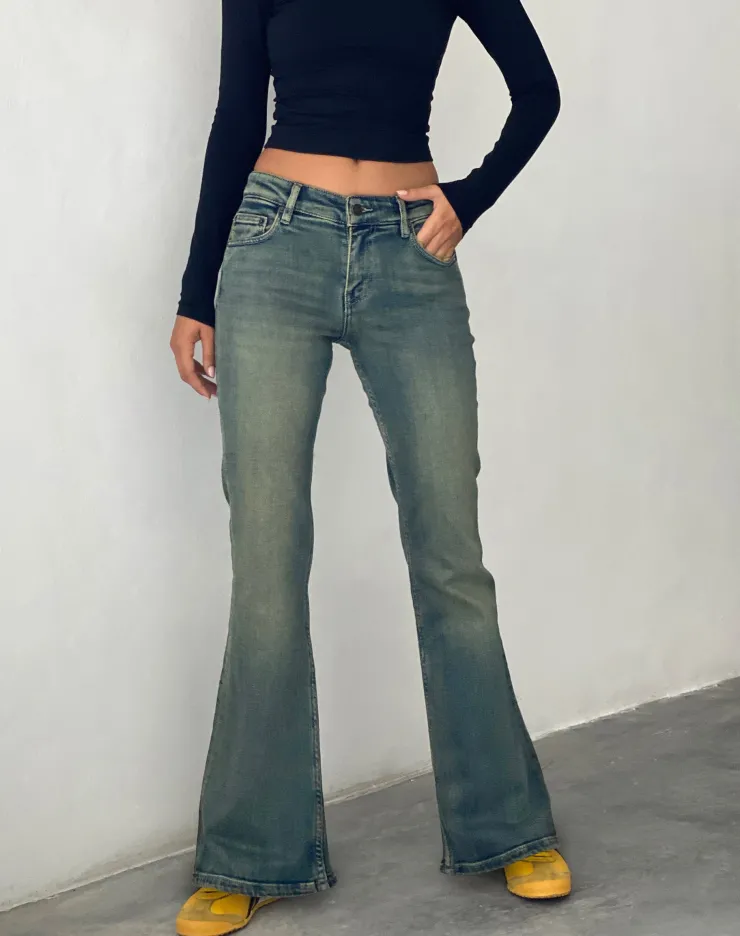 Women Motel Rocks Low Rise Pants | Jeans | Low Rise Flared Jeans in Green Wash