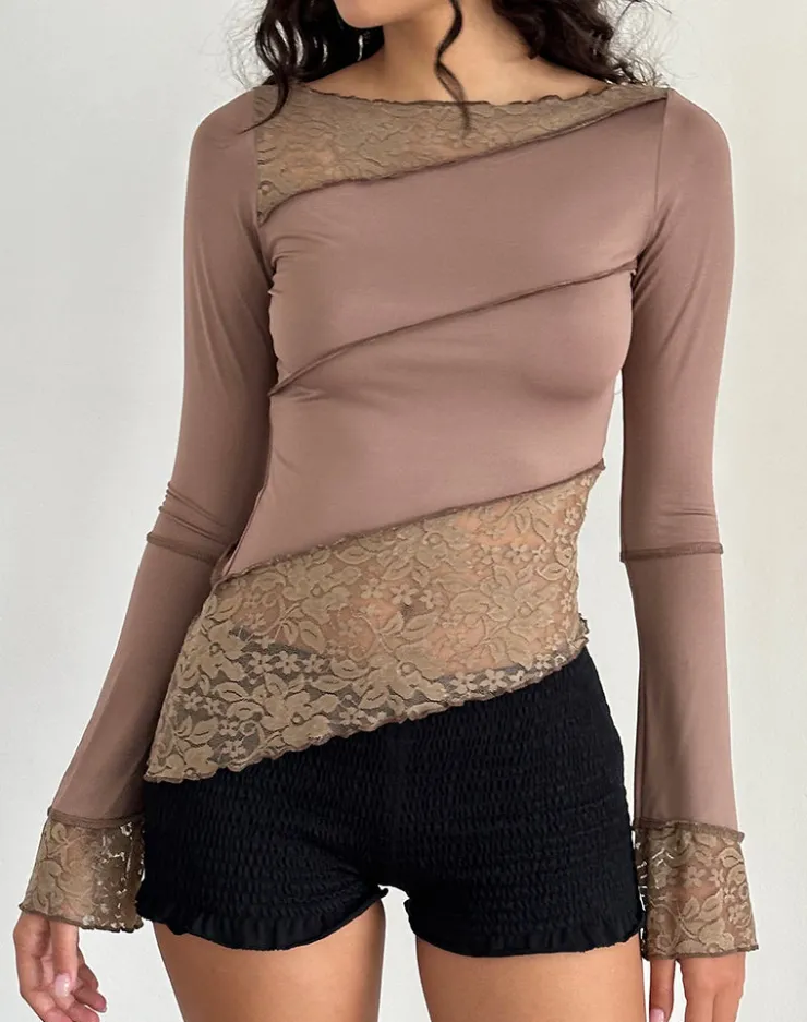 Women Motel Rocks Basic Tops | Long Sleeve Tops | Lucca Long Sleeve Top in Slinky Lace Mocha