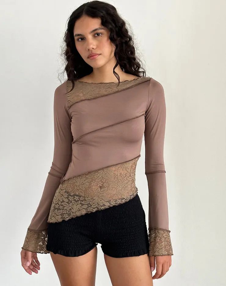 Women Motel Rocks Basic Tops | Long Sleeve Tops | Lucca Long Sleeve Top in Slinky Lace Mocha