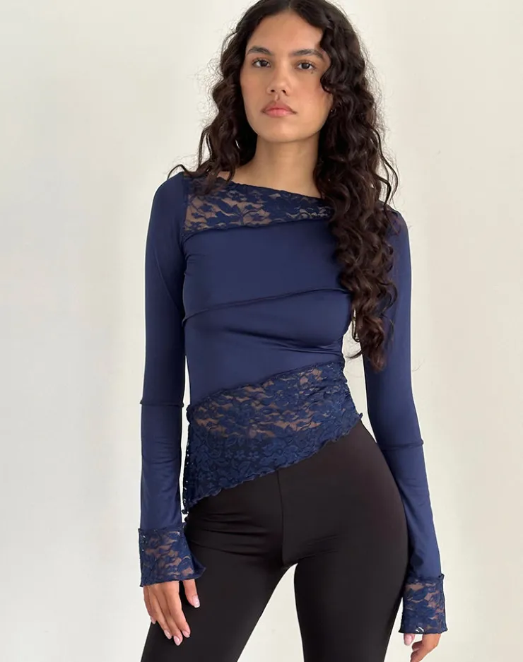 Women Motel Rocks Long Sleeve Tops | Lace Tops | Lucca Long Sleeve Top in Slinky Lace Navy Blue