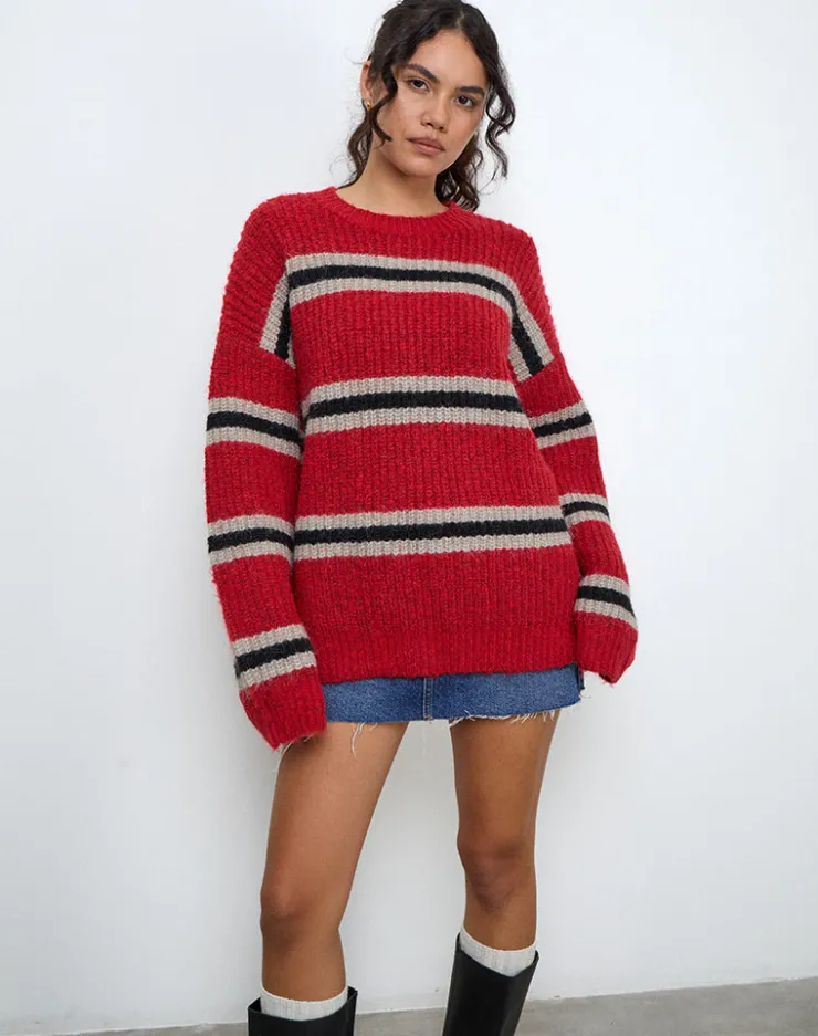 Women Motel Rocks Jumpers | Lunet Knitted Jumper in Red and Black Stripe