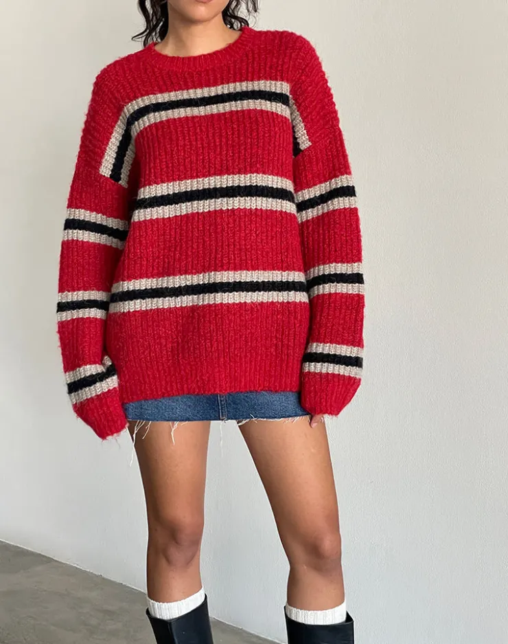 Women Motel Rocks Jumpers | Lunet Knitted Jumper in Red and Black Stripe