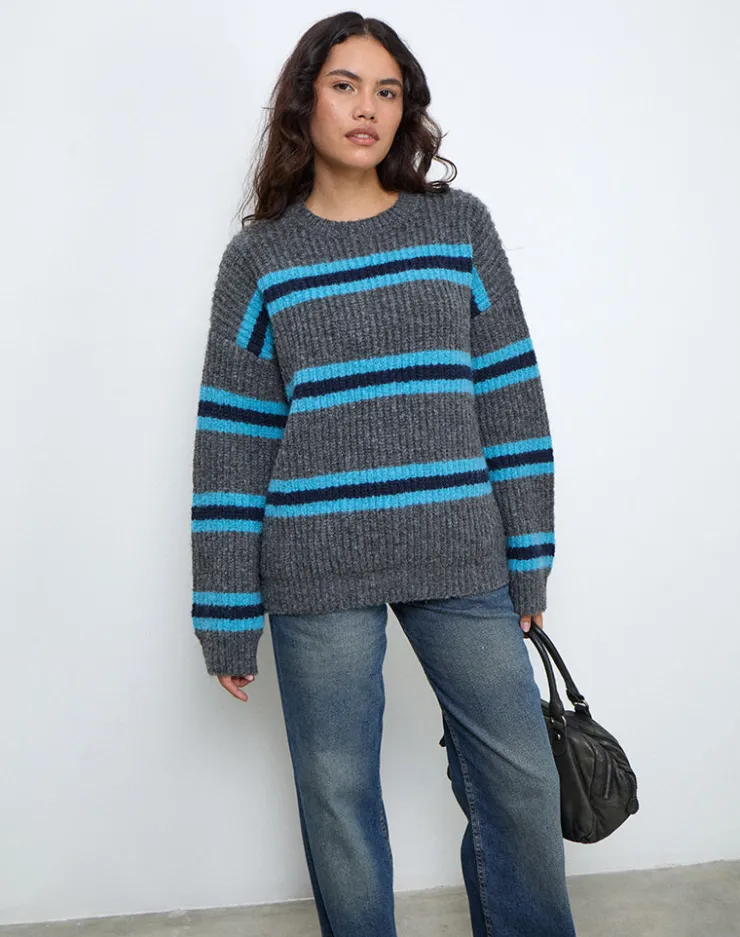 Women Motel Rocks Jumpers | Lunet Knitted Jumper in Stripe Grey and Blue