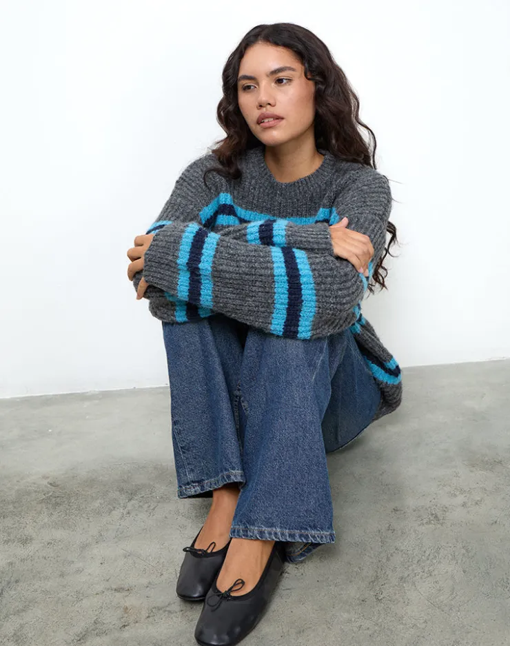 Women Motel Rocks Jumpers | Lunet Knitted Jumper in Stripe Grey and Blue