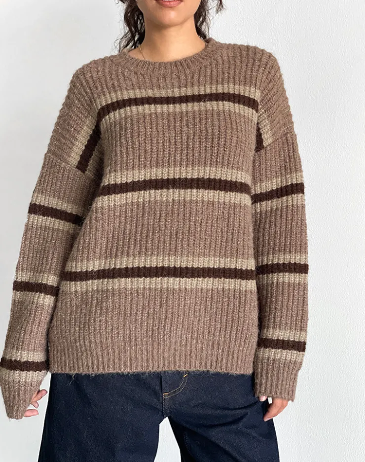 Women Motel Rocks Jumpers | Lunet Knitted Jumper in Stripe Tonal Brown