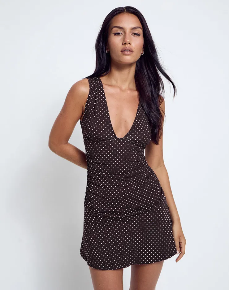 Women Motel Rocks Printed Dresses | Mini Dresses | Luscian Plunge Mini Dress in Micro Polka Brown