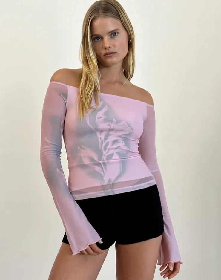 Women Motel Rocks Printed Tops | Long Sleeve Tops | Lutana Top in Lumen Mesh Peach