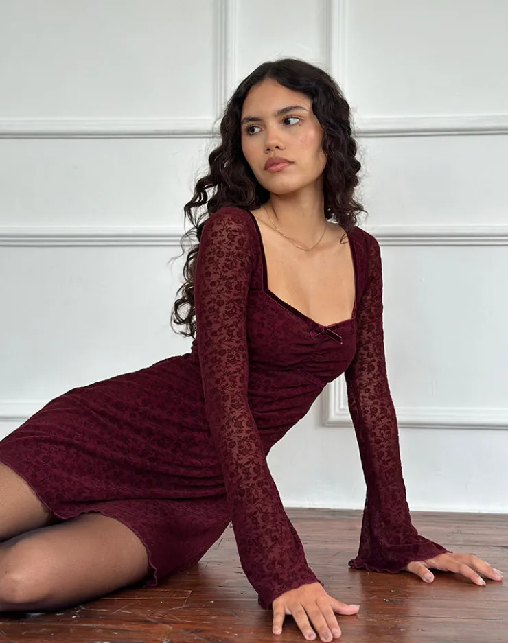 Women Motel Rocks Printed Dresses | Bodycon Dresses | Luth Mini Dress in Ditsy Flocked Burnt Maroon