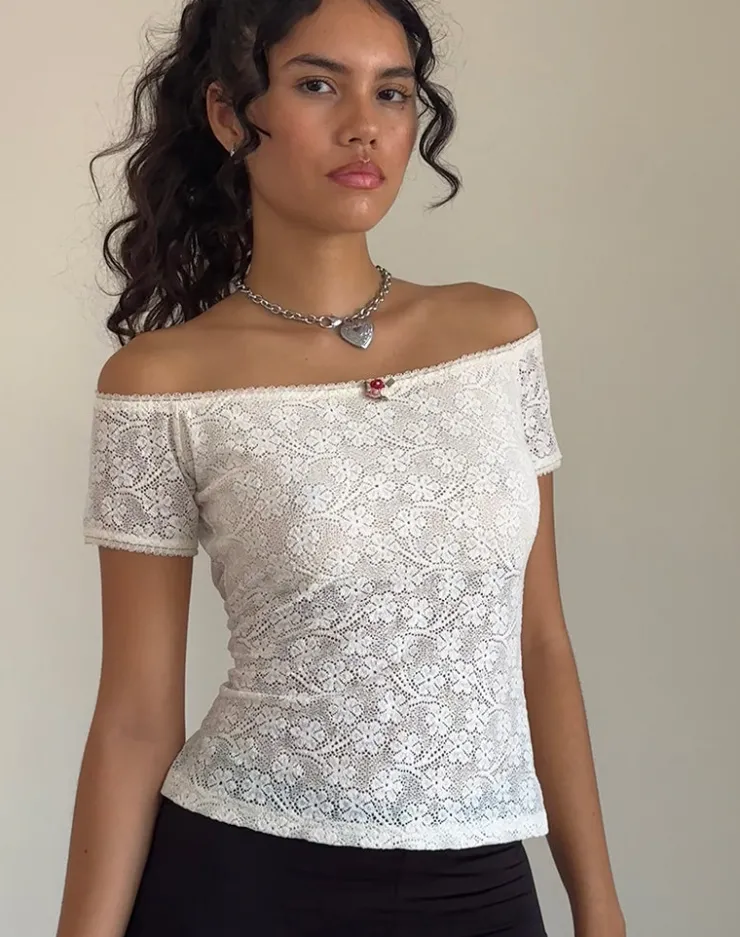 Women Motel Rocks Lace Tops | Going Out Tops | Mageina Bardot Top in Lace Ivory