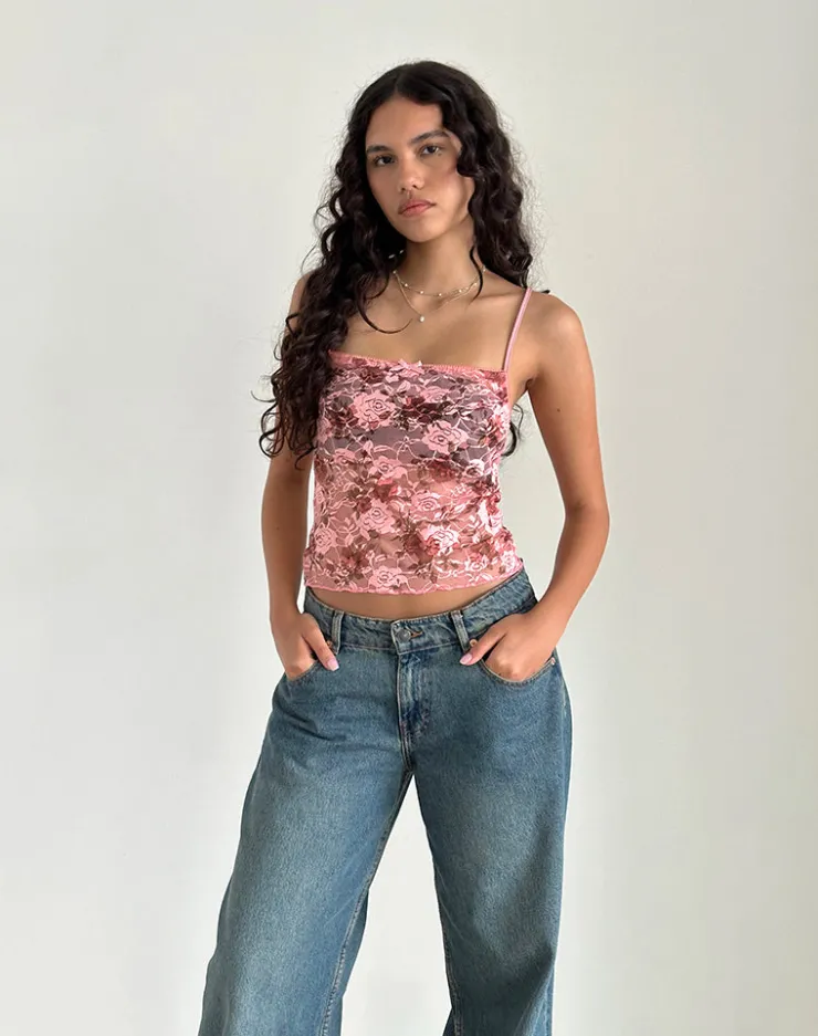 Women Motel Rocks Co-ords | Printed Tops | Magita Top in Pink Lace Floral Bloom