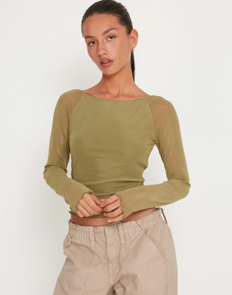 Women Motel Rocks Long Sleeve Tops | Mahira Long Sleeve Mesh Top in Olive