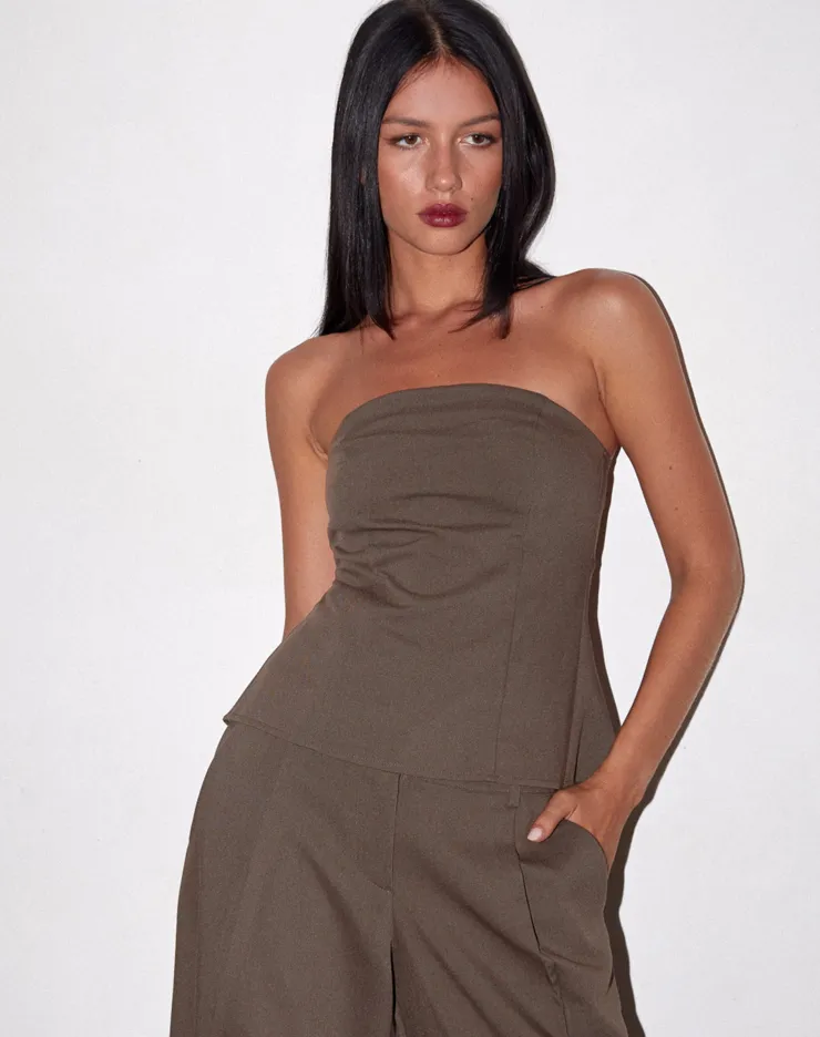 Women Motel Rocks Corset Tops | Bandeau Tops | Mairi Longline Bandeau Top in Taupe Tailoring