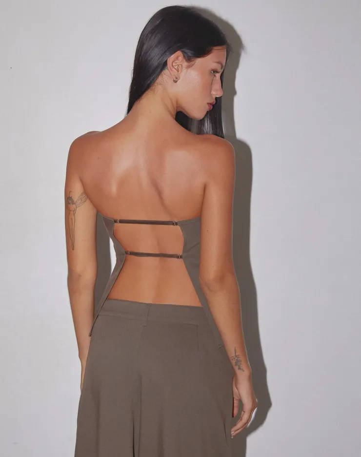 Women Motel Rocks Corset Tops | Bandeau Tops | Mairi Longline Bandeau Top in Taupe Tailoring