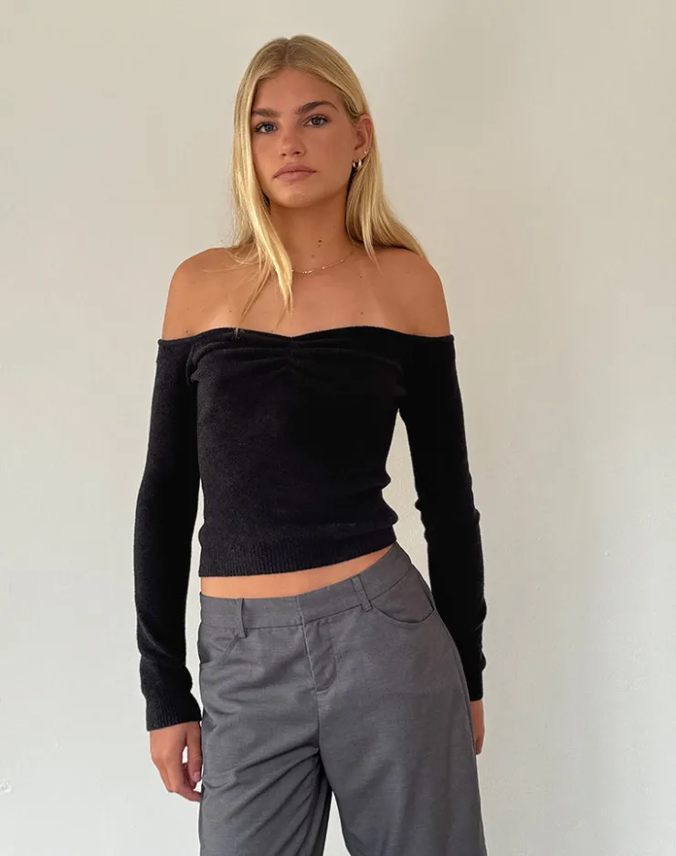 Women Motel Rocks Basic Tops | Long Sleeve Tops | Makena Bardot Jumper in Brushed Black