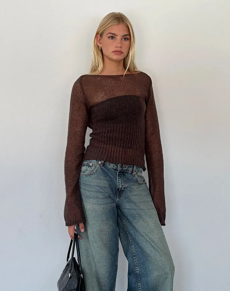 Women Motel Rocks Long Sleeve Tops | Manon Long Sleeve Sheer Knit Top in Chocolate Brown