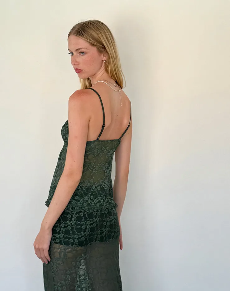 Women Motel Rocks Co-ords | Printed Tops | Manora Cami Top in Sage Canina Rose Lace