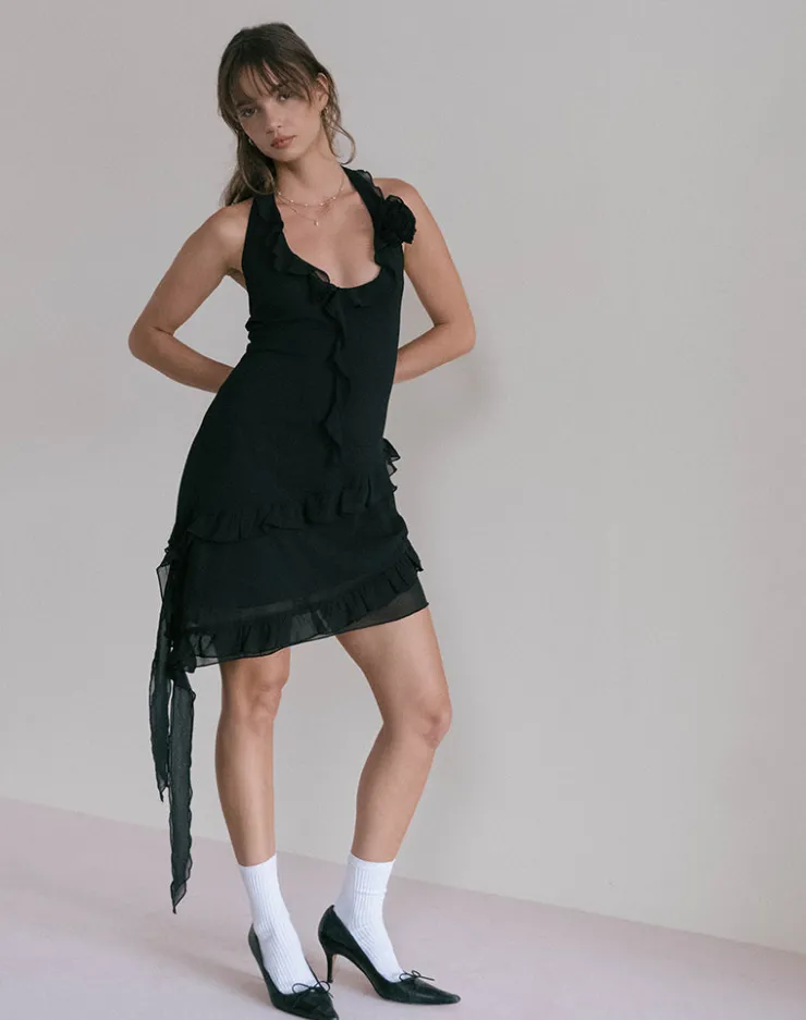 Women Motel Rocks Little Black Dresses | Party Dresses | Margaret Ruffle Mini Dress in Black Chiffon with Rosette