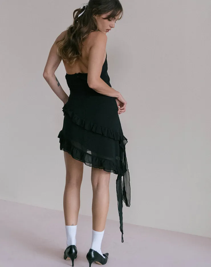 Women Motel Rocks Little Black Dresses | Party Dresses | Margaret Ruffle Mini Dress in Black Chiffon with Rosette