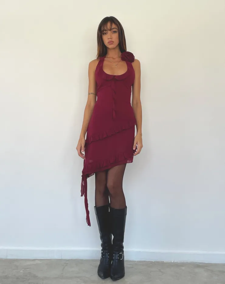 Women Motel Rocks Mini Dresses | Margaret Ruffle Mini Dress in Plum Chiffon with Rosette