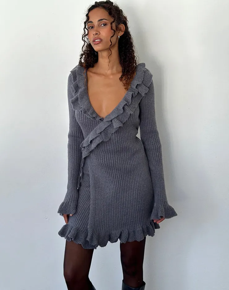 Women Motel Rocks Day Dresses | Long Sleeve Dresses | Marianna Long Sleeve Knitted Mini Dress in Dark Grey