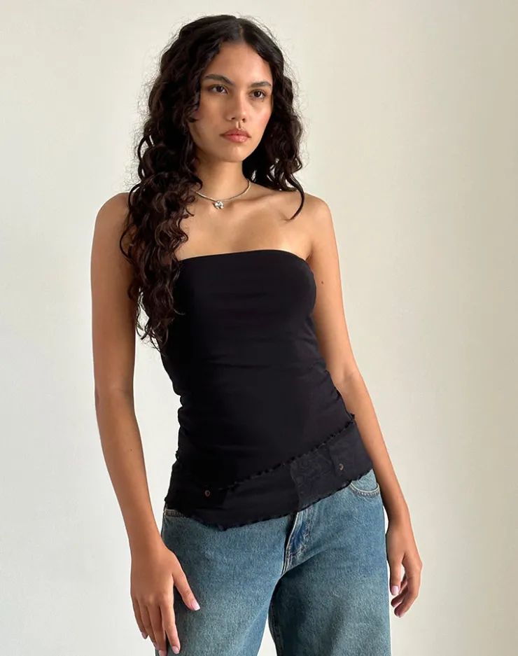 Women Motel Rocks Basic Tops | Bandeau Tops | Marissa Longline Asymmetrical Tube Top in Black