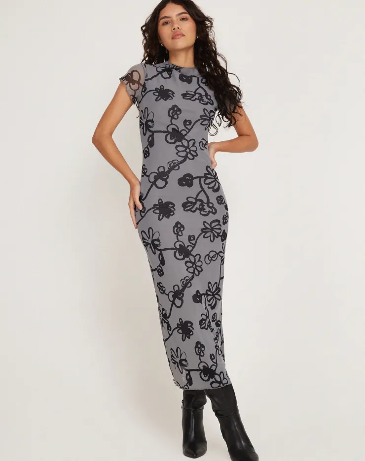 Women Motel Rocks Printed Dresses | Maruza Midi Dress in Mesh Doodle Flower Grey