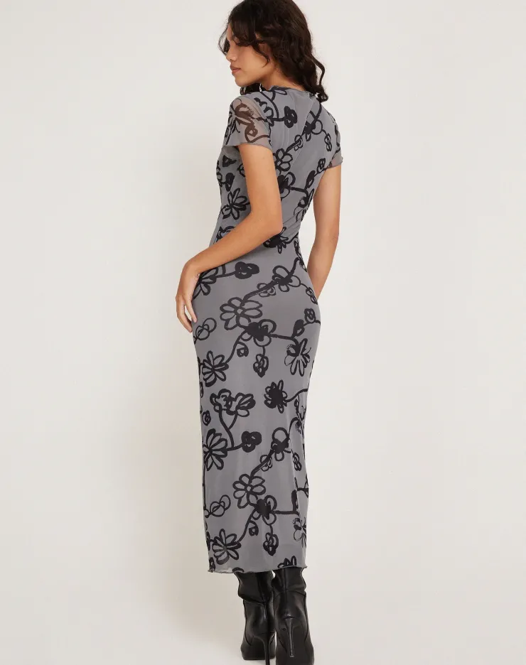 Women Motel Rocks Printed Dresses | Maruza Midi Dress in Mesh Doodle Flower Grey